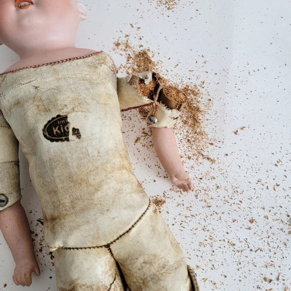 Antique Doll German Bisque Jointed Leather Body Needs Repair Sleep Eyes Teeth